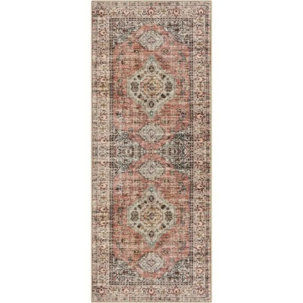 New 2x4 Peach Orange Oriental Rug, Washable, Non-Slip Vintage Entryway Carpet